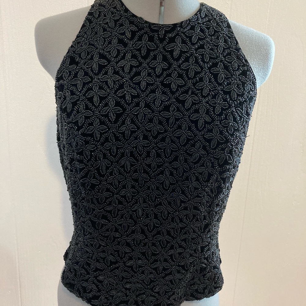 Carmen Marc Valvo Black beaded sleeveless top